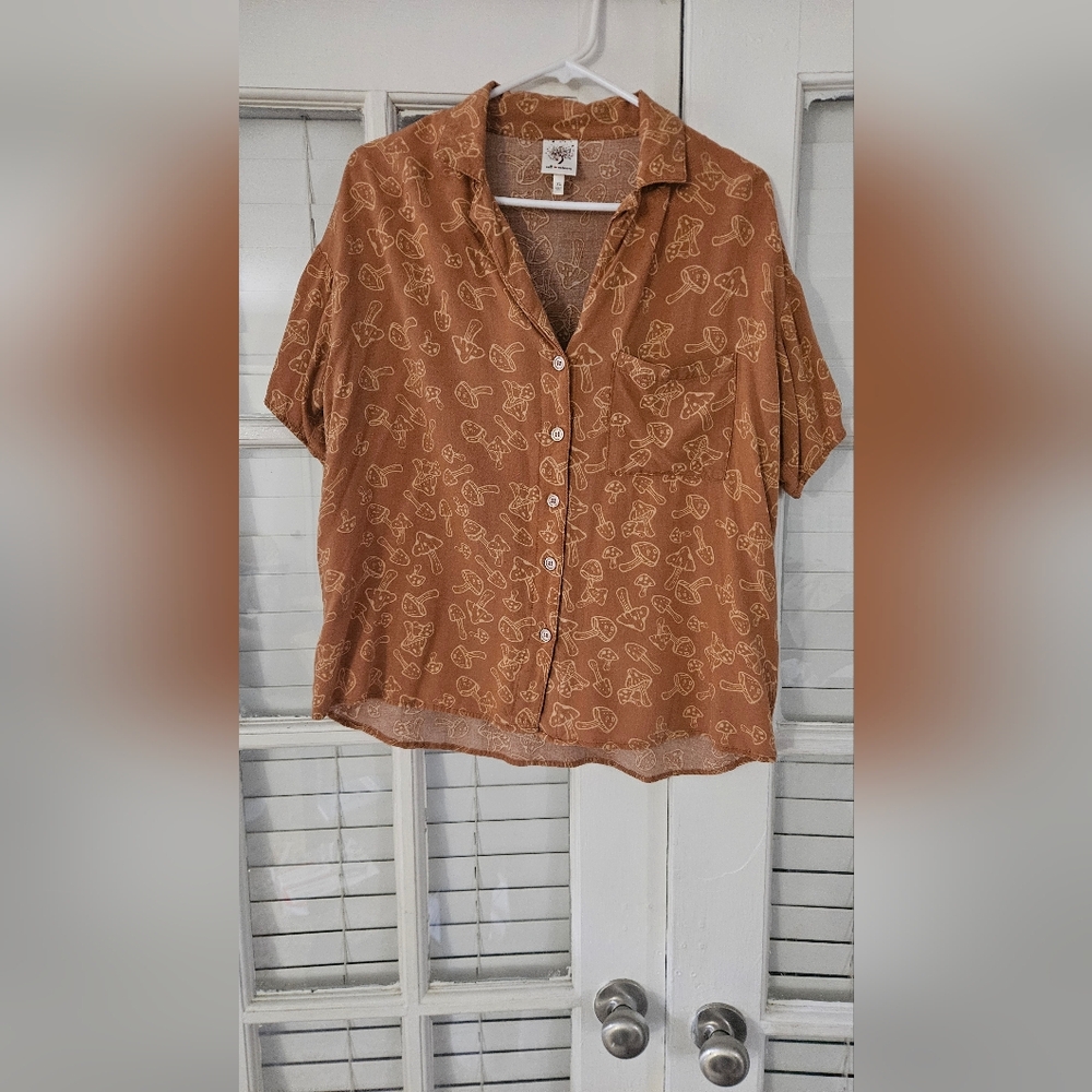 Cottagecore Mushroom Print Button Down Shirt – Self Esteem XL – Whimsy Top